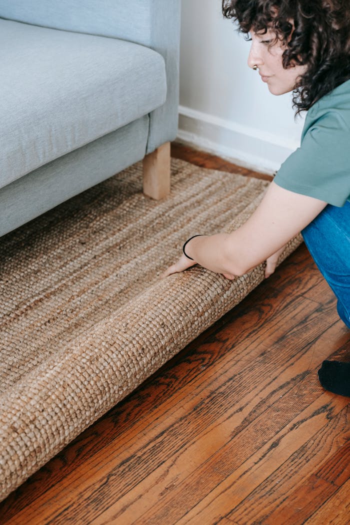 A woman rolls up a rug in a living room, preparing for relocation. Wooden flooring visible.